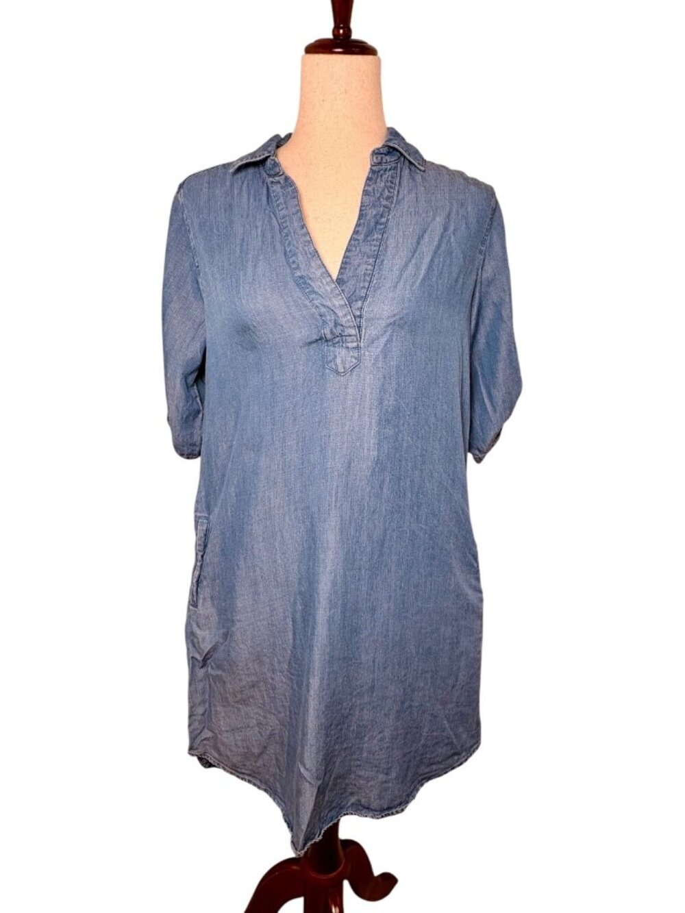 Chelsea & Theodore Blue Chambray Lyocell Shirt Dress Coastal Minimalist Small